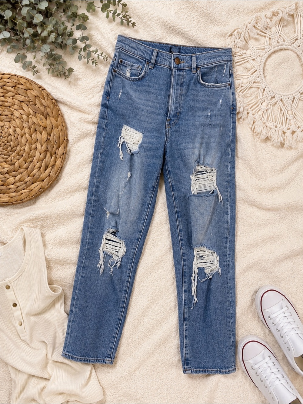 BDG Ripped Straight-Leg Jeans in Mid Blue